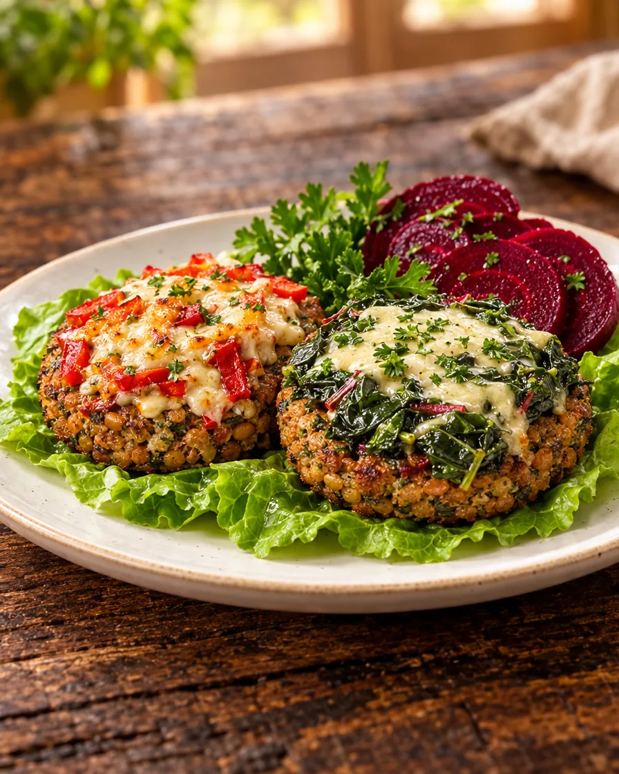 Dos hamburguesas veganas de legumbres X+Vida, una con morrón y otra con acelga, servidas con lechuga y remolacha